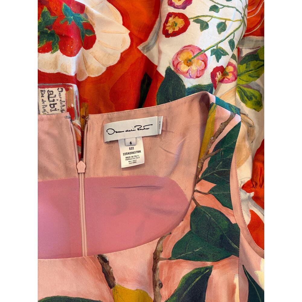 Oscar de la Renta Silk Magnolia Still Life Print Drop Waist Ruffle Dress Pink - Picture 4 of 9